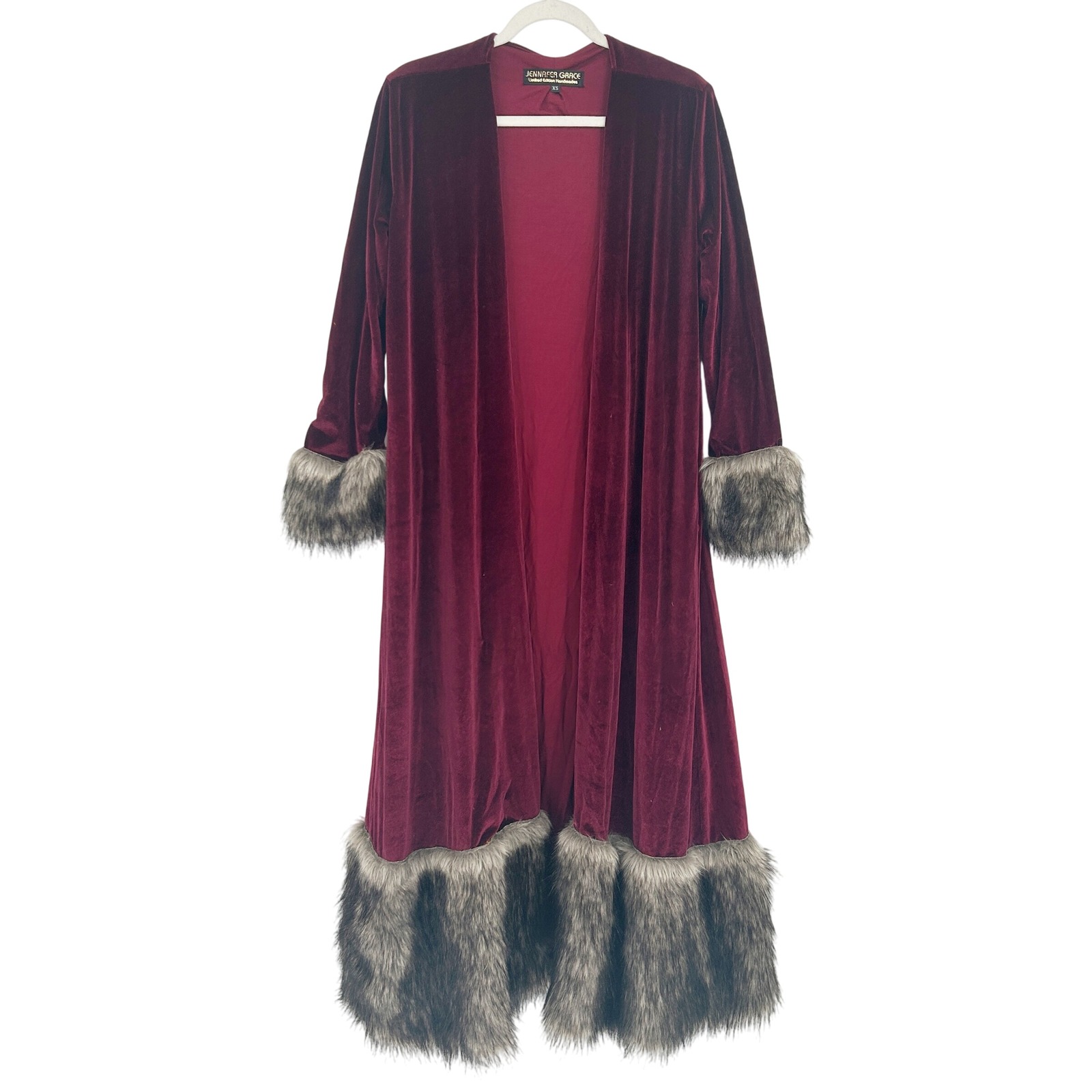 Jennafer Grace Womens Mob Wife Velvet Duster Cardigan Faux Fur Trim Xs Burgundy